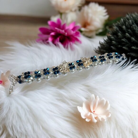 Handcrafted Butterfly & Pearl Beaded Bracelet – Cobalt Blue & Crystal Accents - Picture 3 of 7